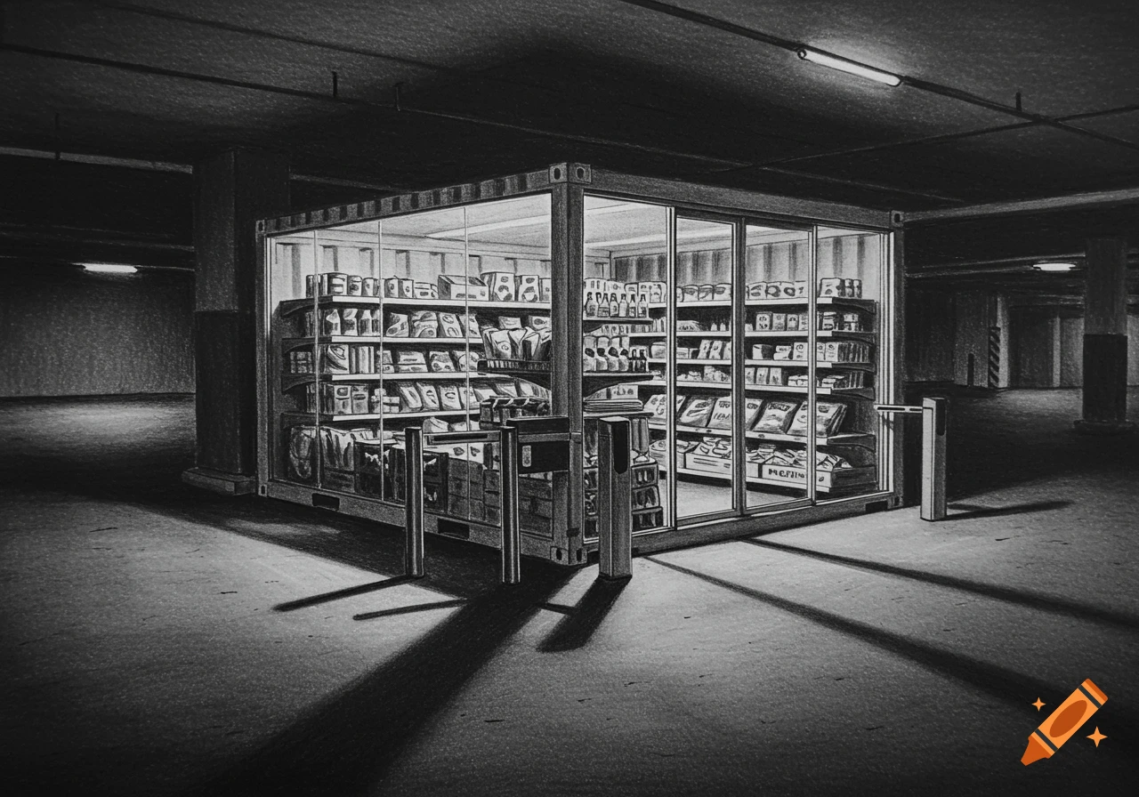 A black and white pencil drawing of a glass-fronted shipping container serving as a grocery store, complete with shelves of products and two turnstiles, situated in a dimly lit car park.
