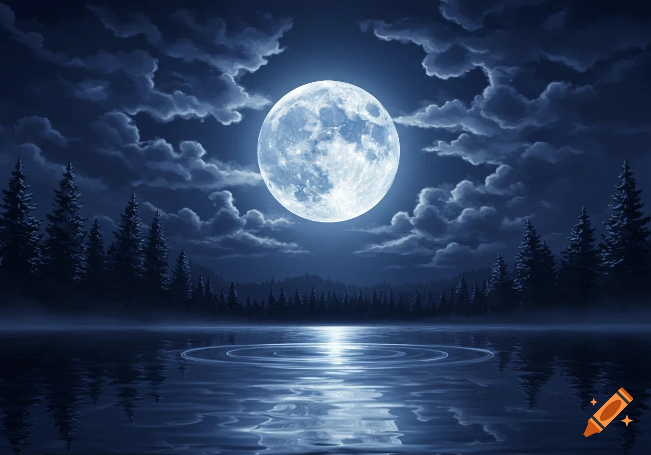 A bright full moon hangs over a dark landscape with silhouetted evergreen trees reflected in the still water of a lake with subtle ripples.