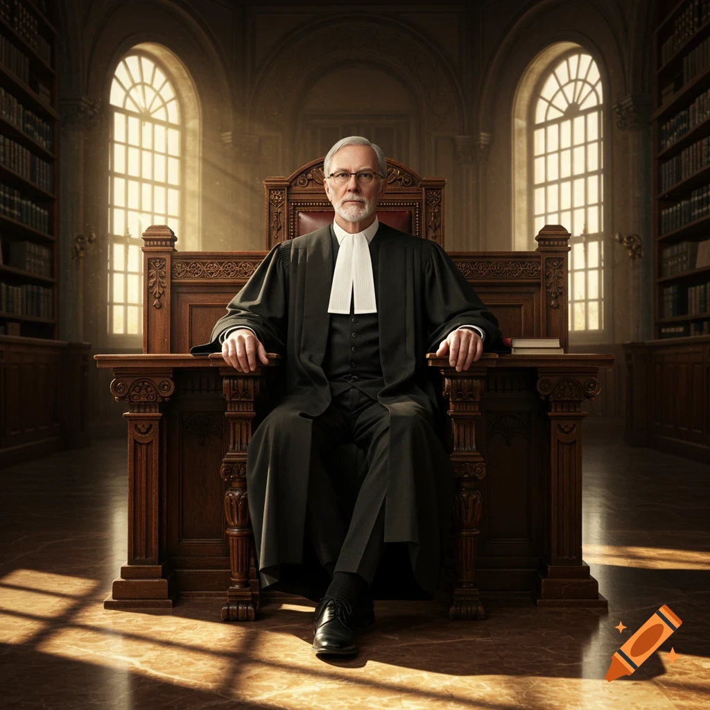 Photorealistic portrait of a grey-haired judge in a black robe and jabot, seated at a wooden desk in a grand, sunlit courtroom.