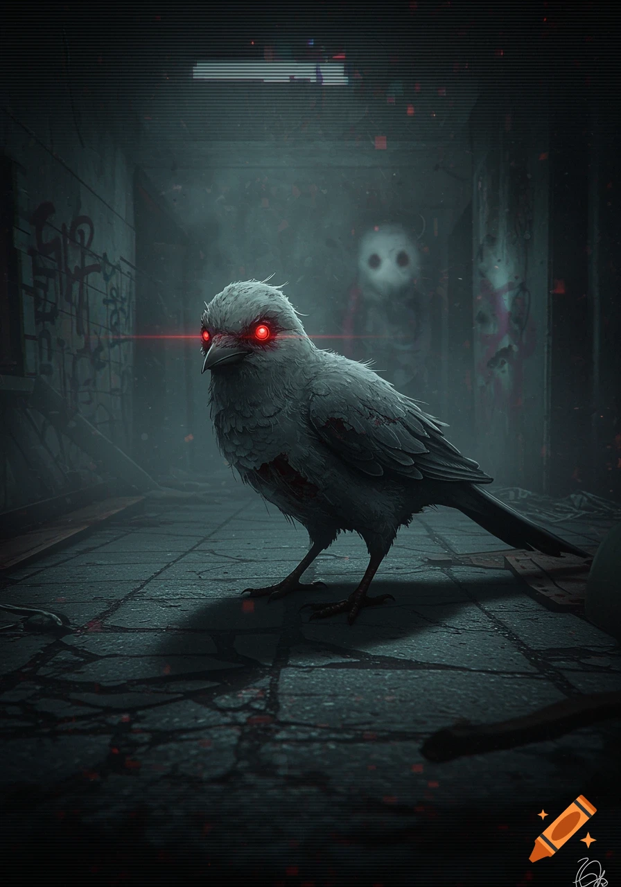 A creepy grey bird with glowing red eyes stands on a cracked floor in a dark, graffiti-covered hallway with a blurred, skull-like figure in the background, in an analog horror style.
