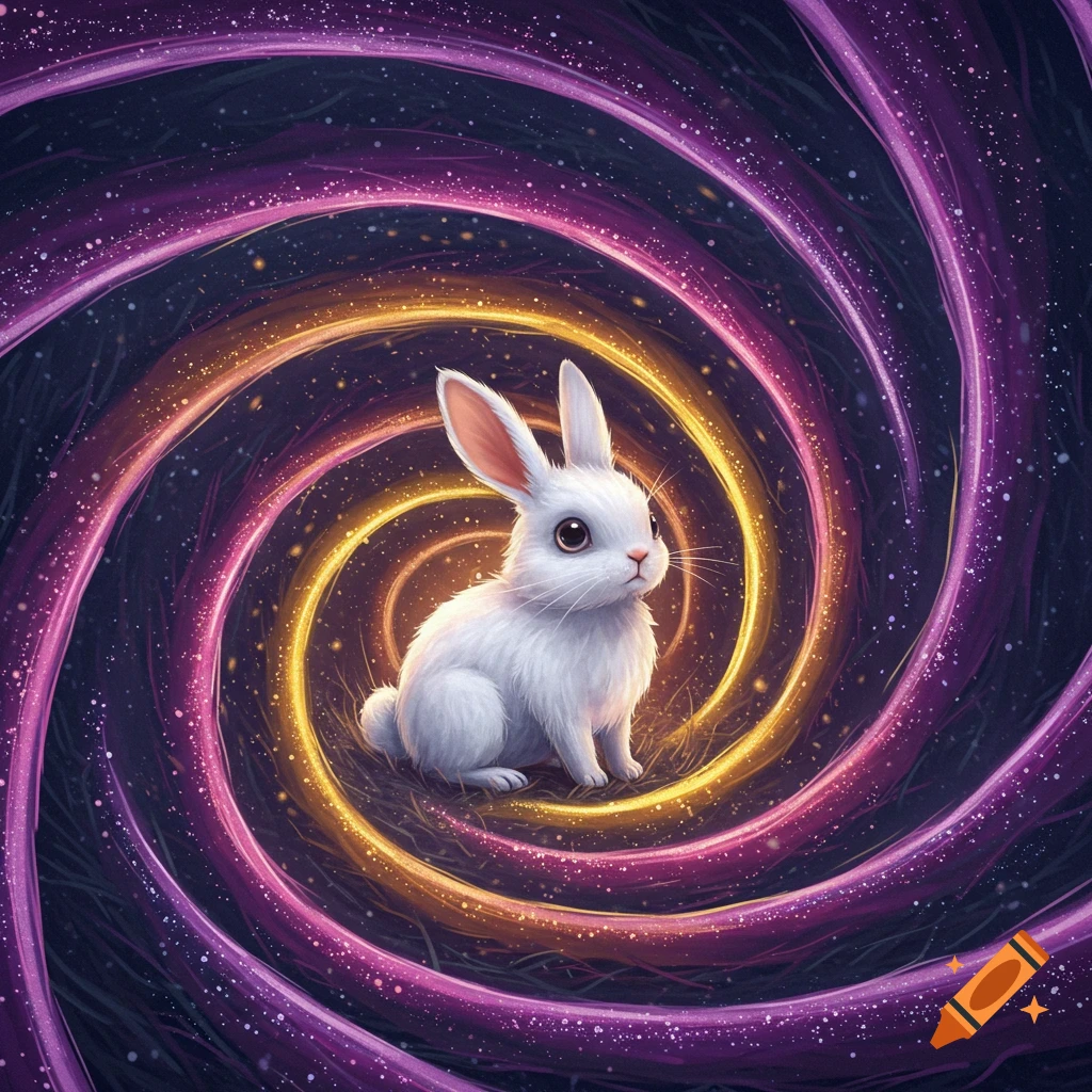 A cute white rabbit sits centered in a swirling vortex of glowing ...