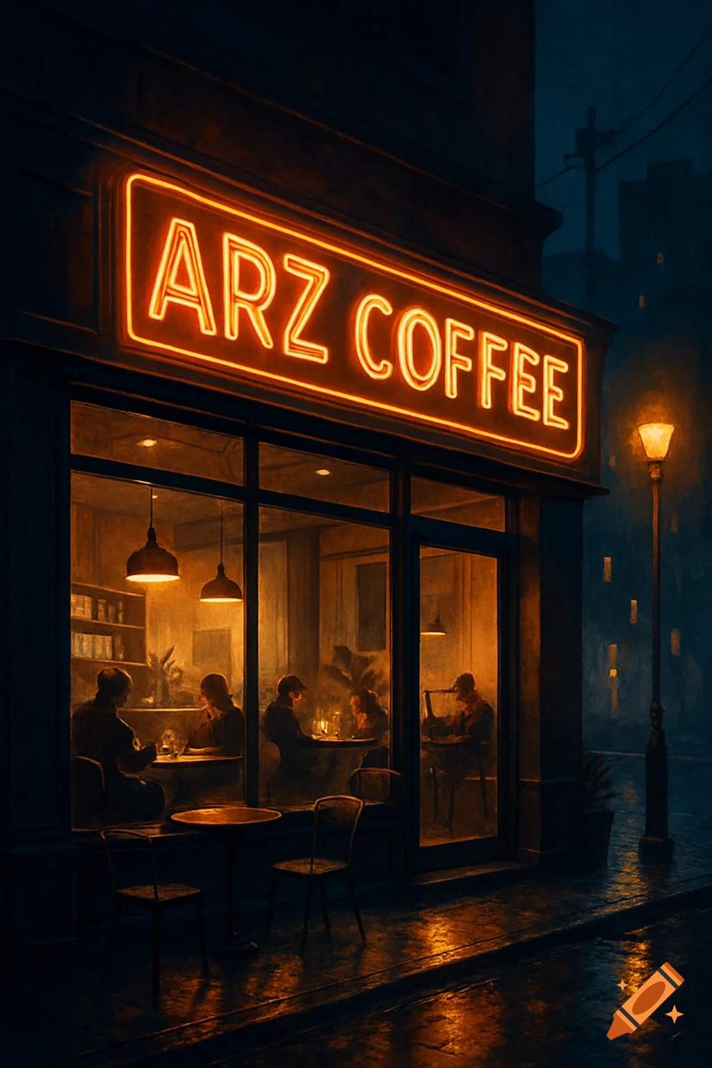 A moody, painterly nighttime scene of a coffee shop with a glowing neon 'ARZ COFFEE' sign, people inside, and reflections on a wet city street.