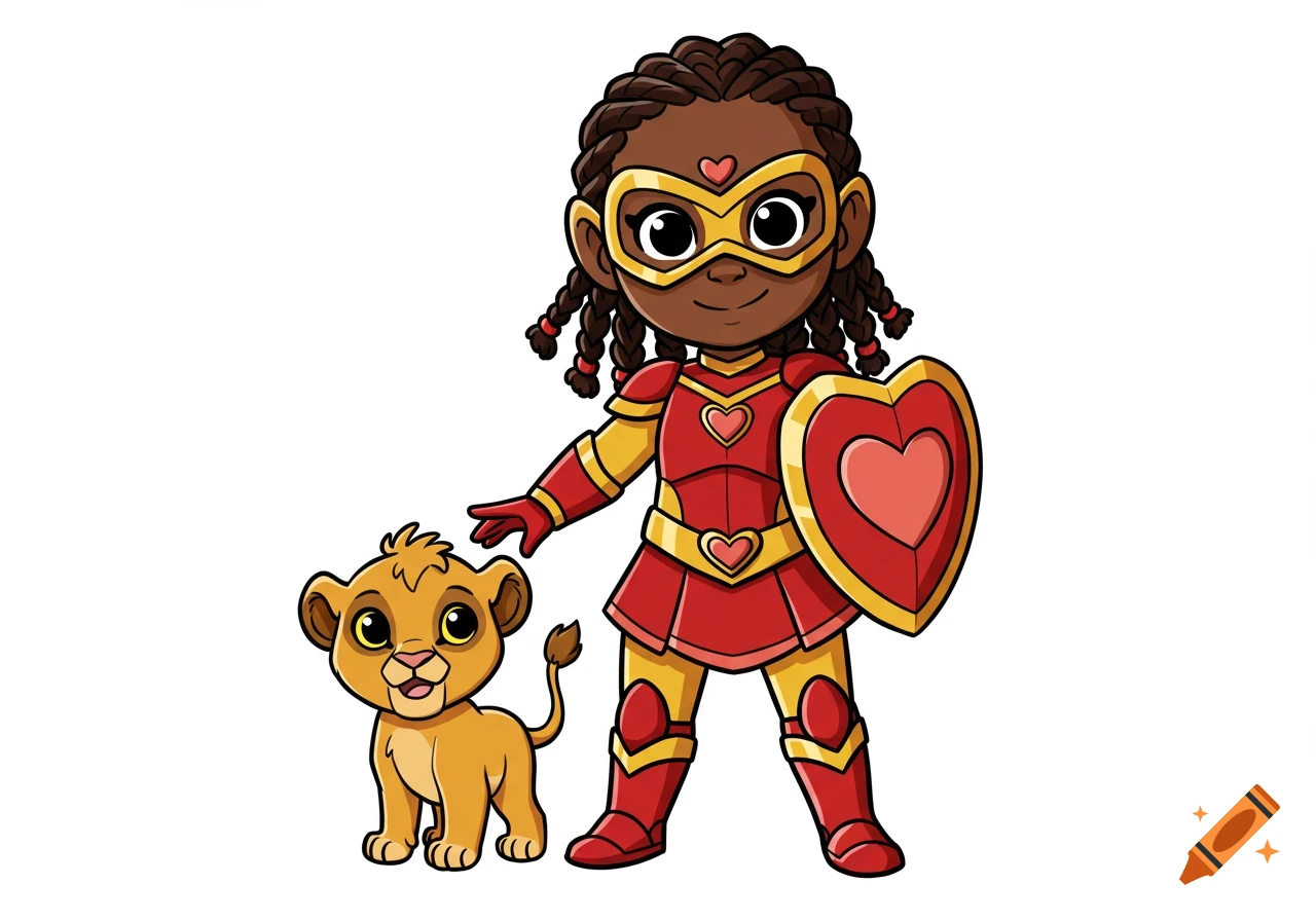 Cartoon of a dark-skinned superhero girl in red and gold armor with a heart shield, standing next to a small lion cub.
