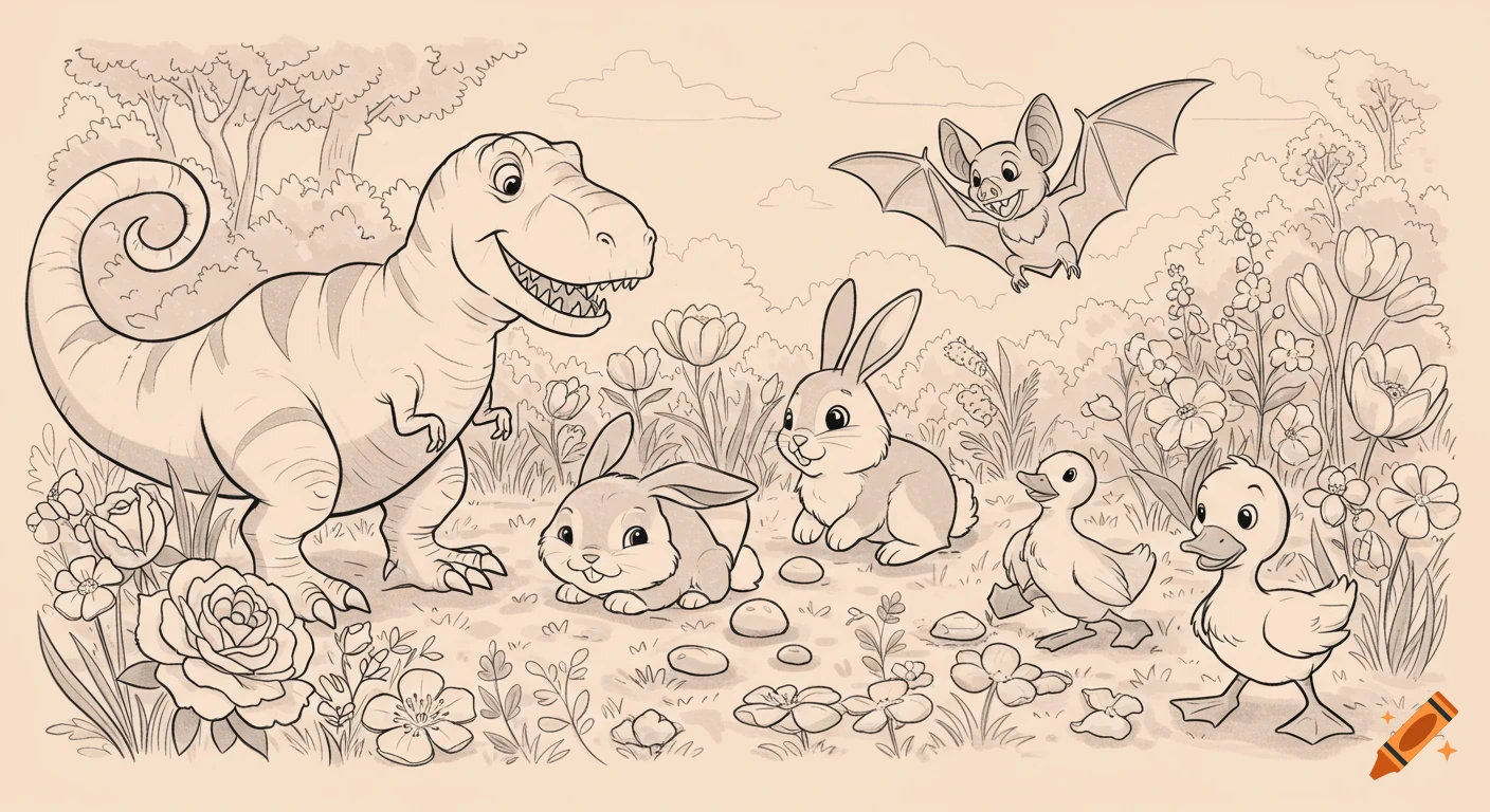 A black and white cartoon drawing of a smiling T-Rex, two bunnies, a bat, and two ducklings in a flower-filled field.