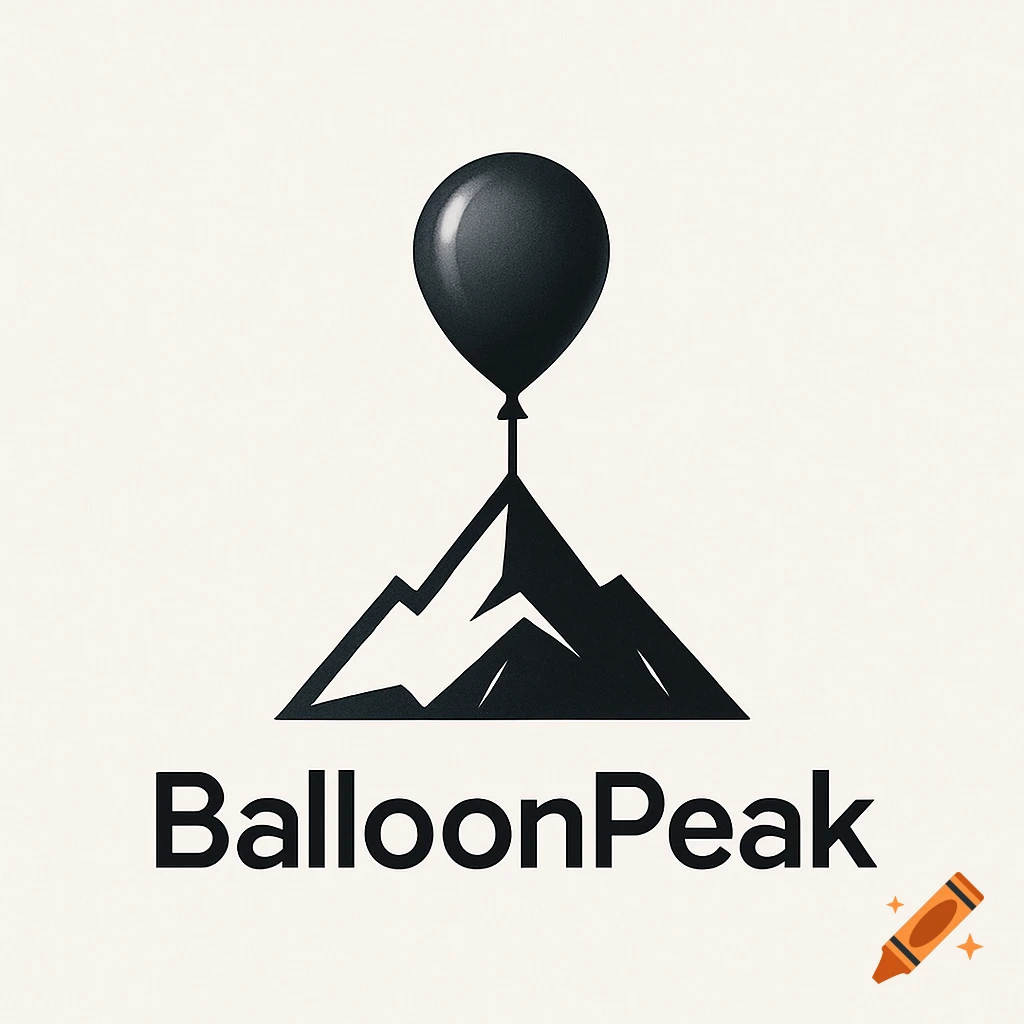 Minimalist logo featuring a dark balloon above a mountain silhouette with 'BalloonPeak' text.