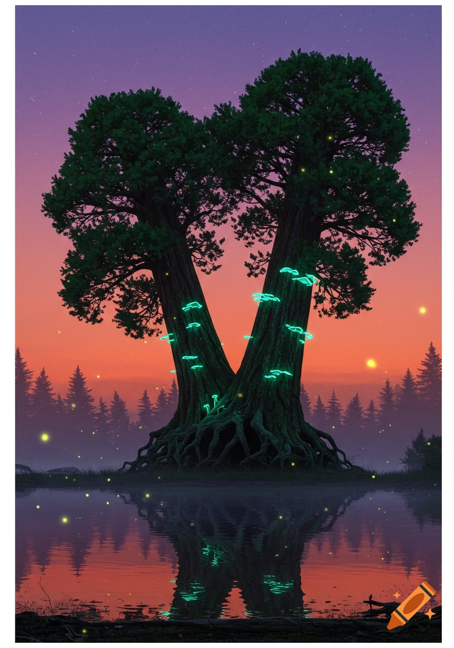 Two large trees with glowing mushrooms and fireflies by a reflective lake at sunset.