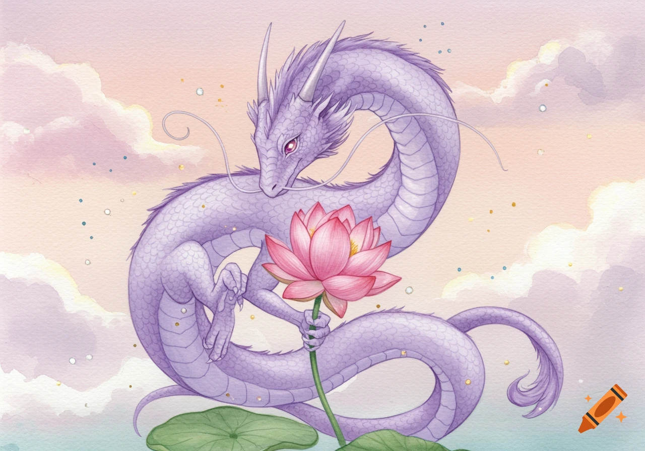 A watercolor illustration of a purple dragon gracefully holding a pink lotus flower against a soft pastel sky with clouds.