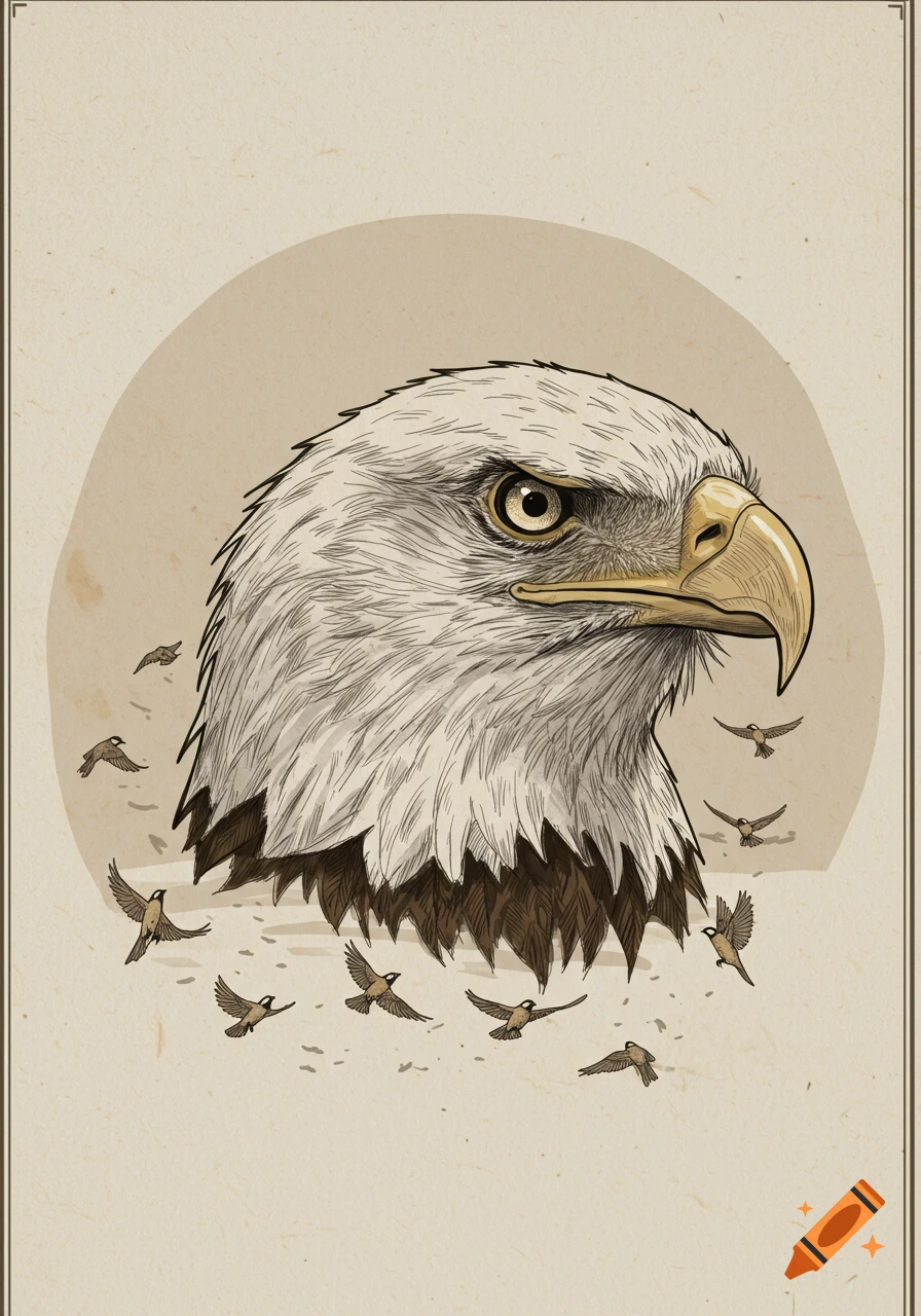 A hand-drawn illustration of a stoic bald eagle head with smaller birds flying around it on a textured beige background.