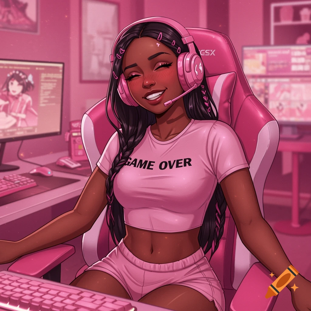 Anime illustration of a smiling black girl with long dark hair, wearing a pink crop top, shorts, and headset, sitting in a pink gaming chair.