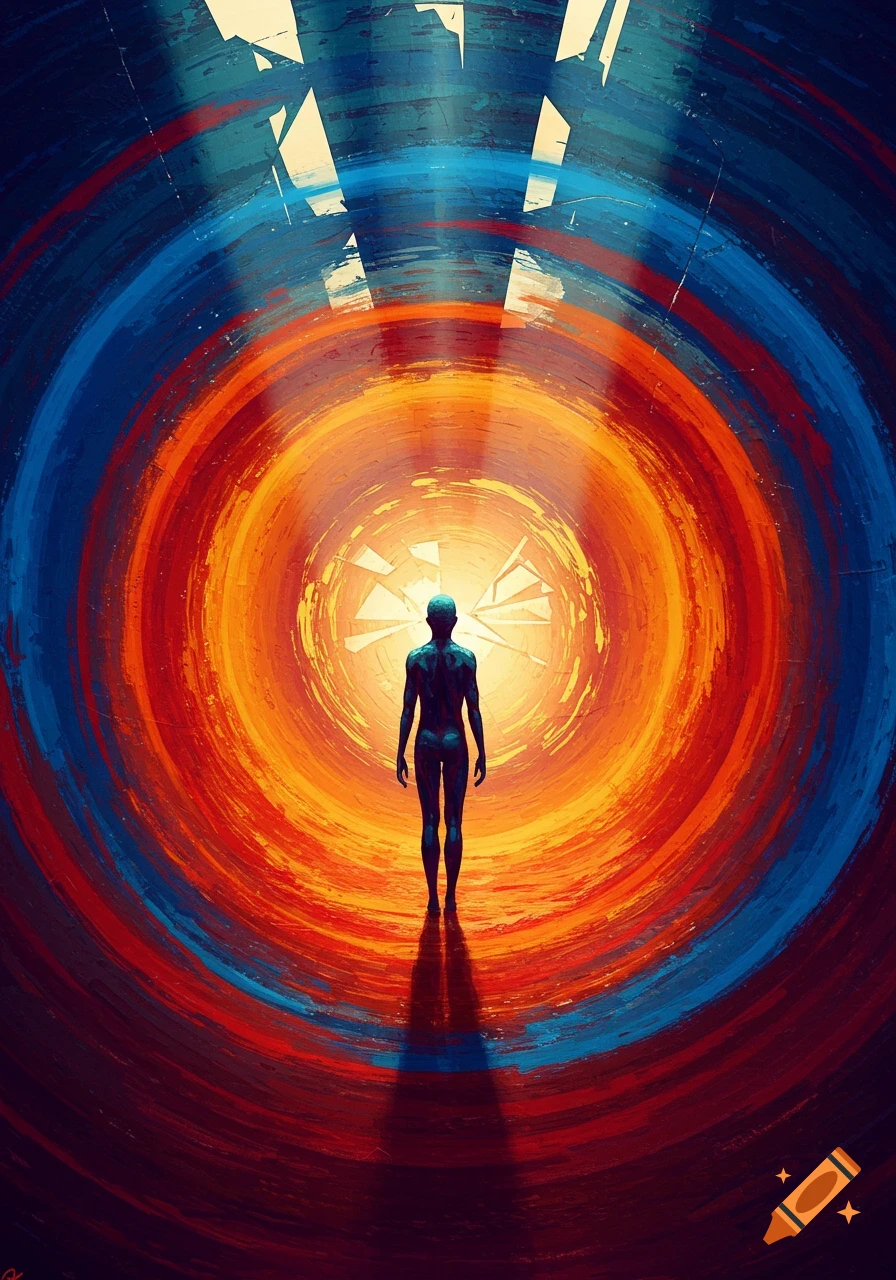 An expressionistic painting of a lone human figure walking towards a bright light at the center of concentric orange, red, and blue circles.
