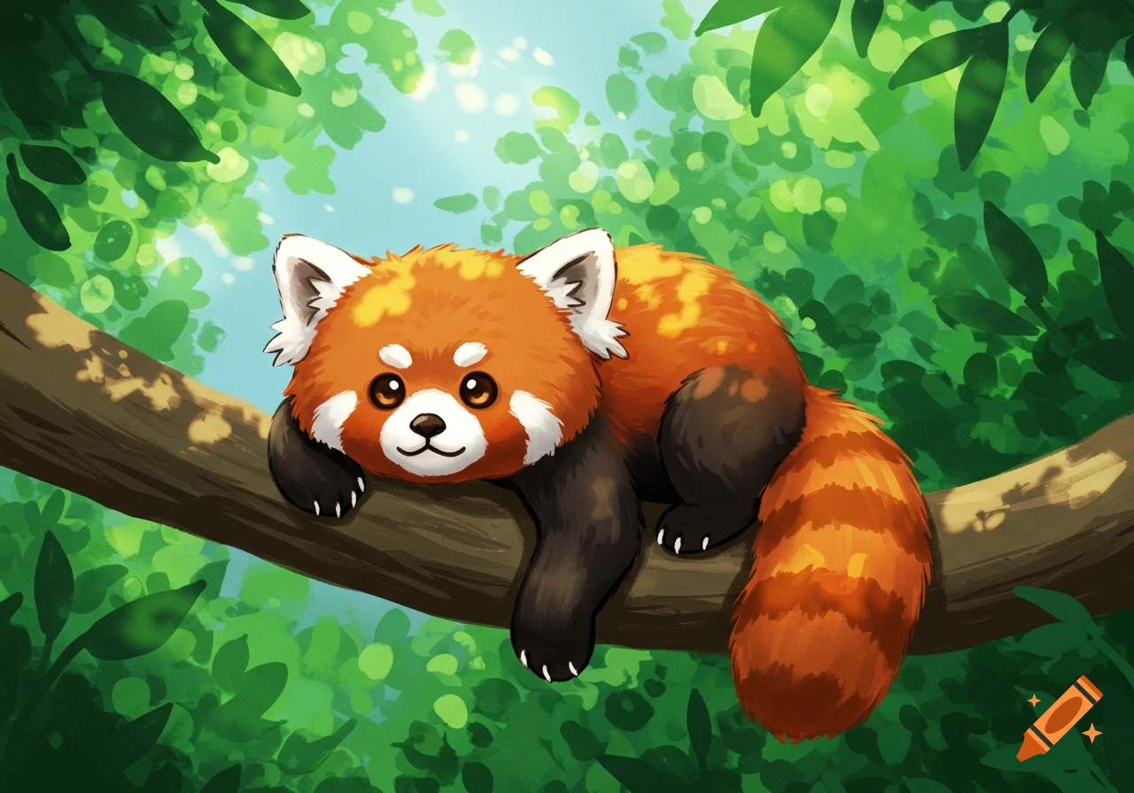A cute, stylized red panda with large eyes rests on a tree branch amidst lush green leaves, in a vibrant cartoon style.