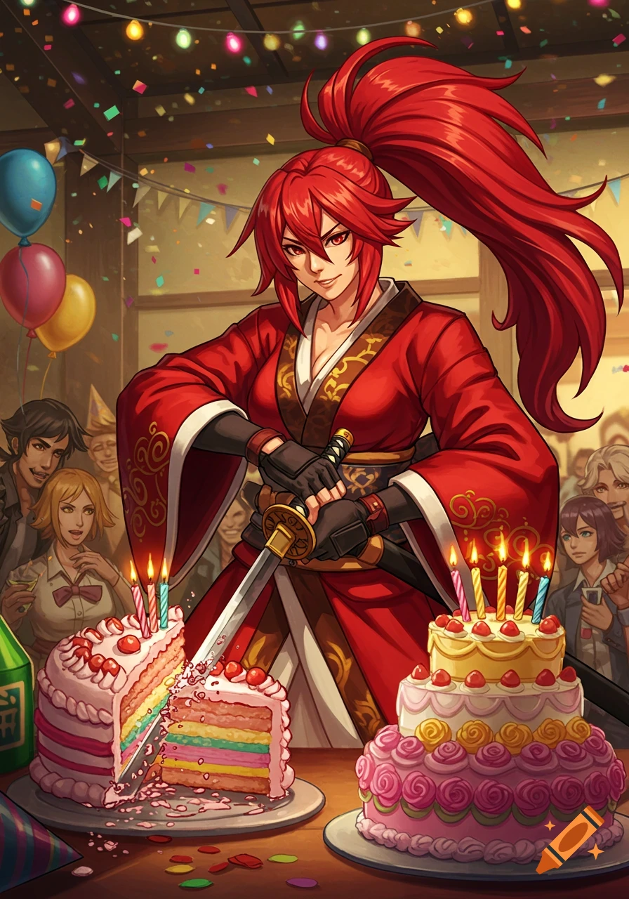 A red-haired woman in a kimono slices a rainbow birthday cake with a sword at a festive party, anime style.