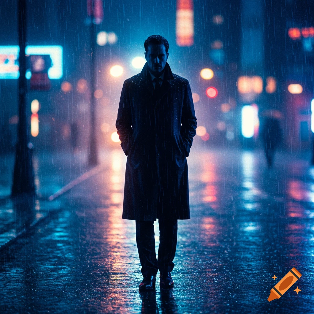 A man in a trench coat stands alone on a rainy, neon-lit city street at night.
