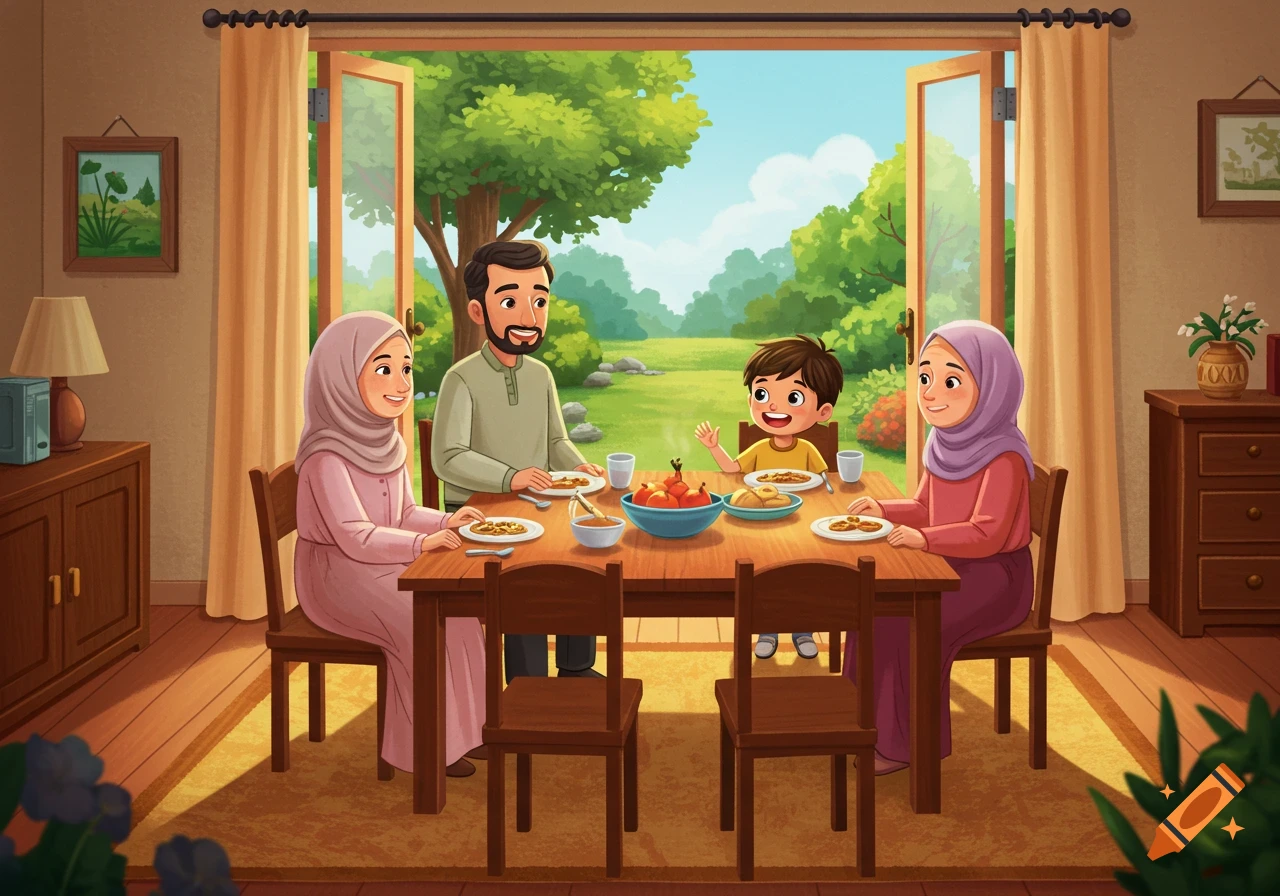 A digital cartoon illustration of a Muslim family (father, two women in hijabs, young boy) smiling and sharing a meal at a dining table, looking out at a lush garden.