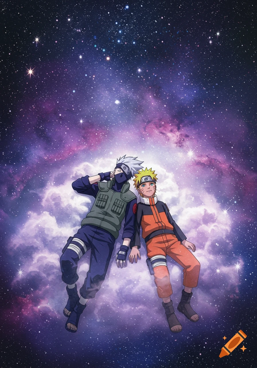 Anime characters Naruto and Kakashi lie in a purple galaxy filled with stars, looking upwards.