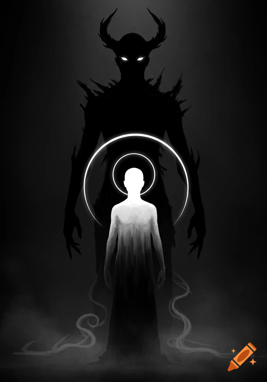 Black and white illustration of a glowing human silhouette with a halo standing before a horned, monstrous dark silhouette with glowing eyes.