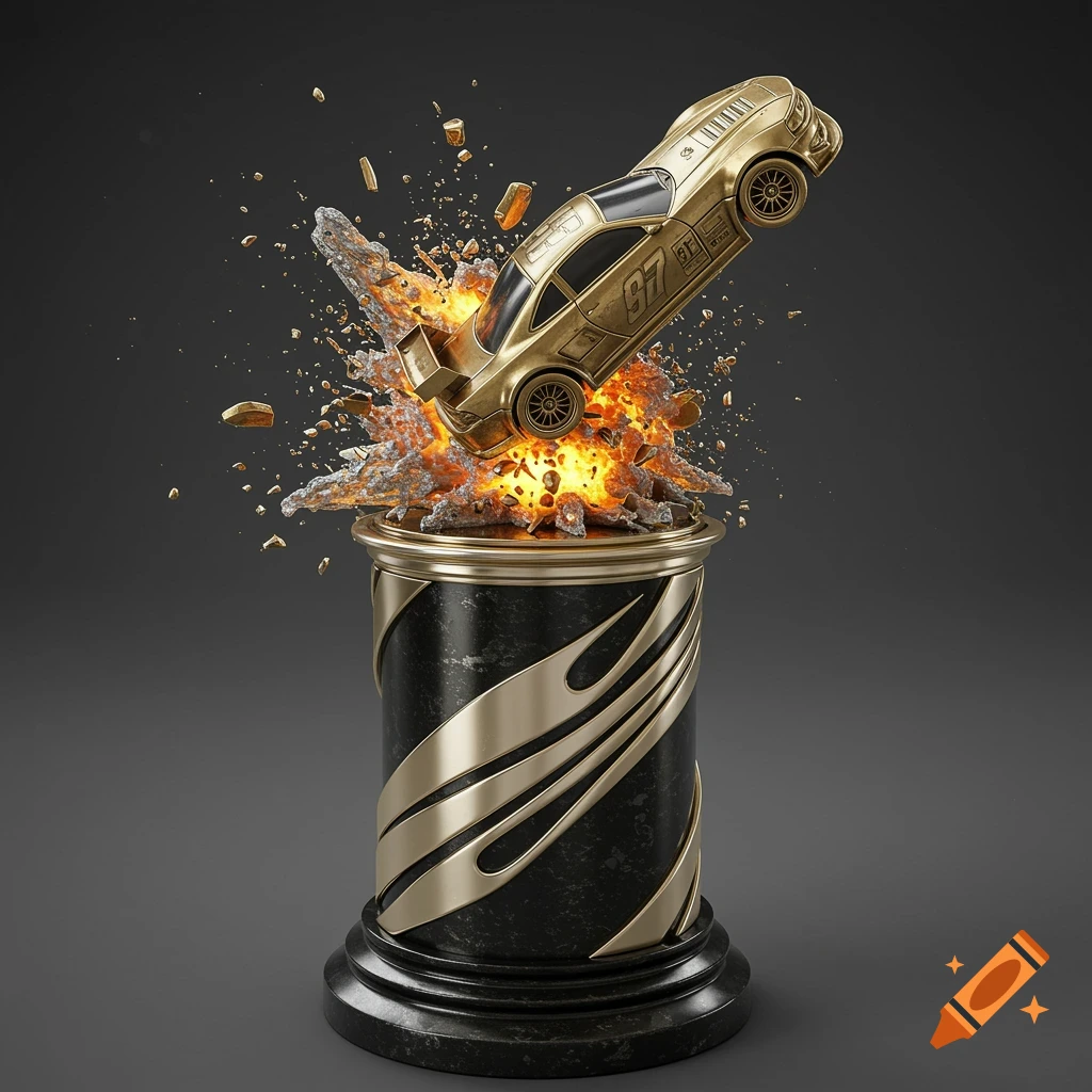 A golden race car trophy on a black pedestal, emerging from a stylized fiery explosion with debris.