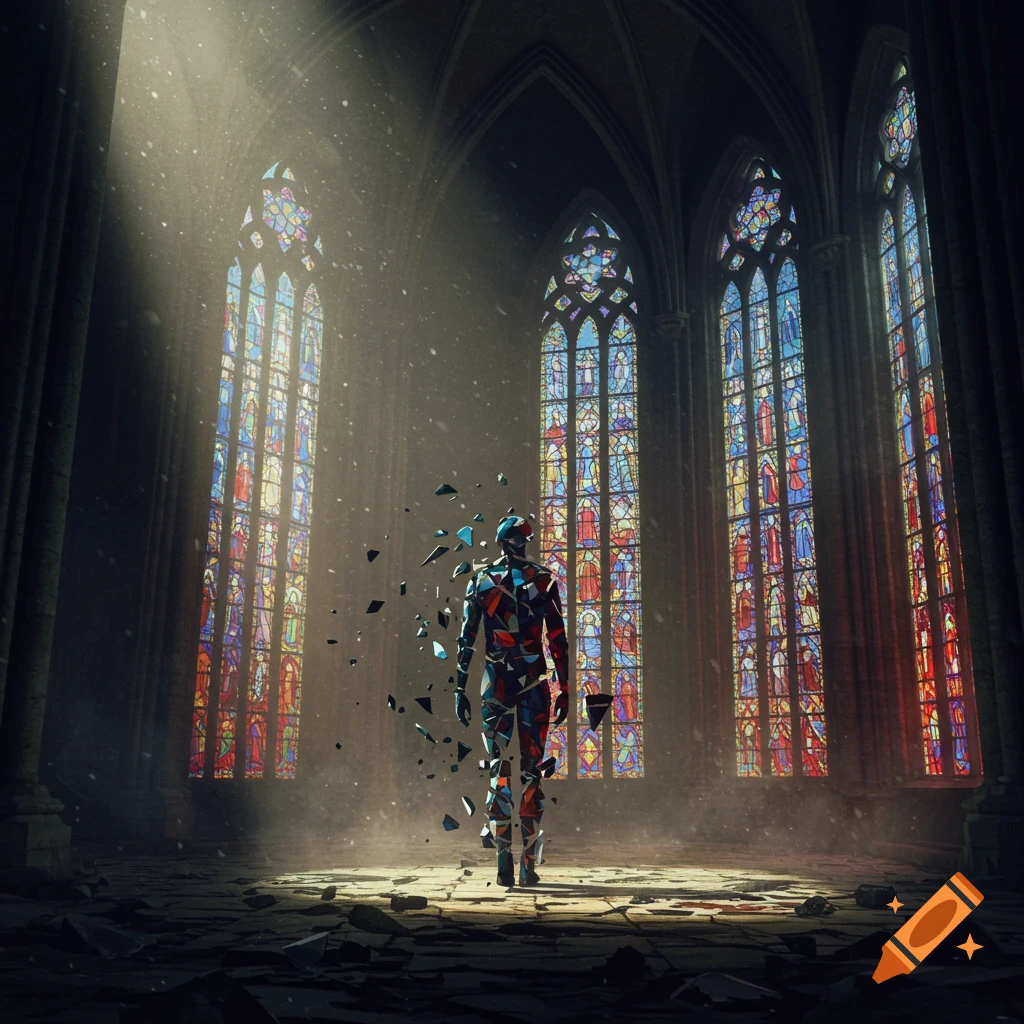 A human-like figure made of shattered pieces stands in the dramatic light of a grand cathedral with colorful stained-glass windows.
