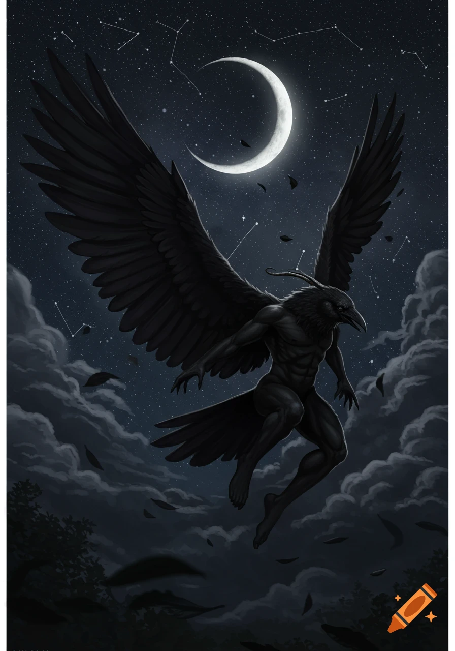 A dark, muscular, winged human-raven hybrid flies through a starry night sky with a crescent moon above dark clouds.