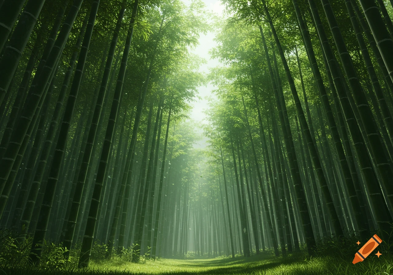 A view from below in a dense, misty bamboo forest with bright sunlight filtering through the canopy.