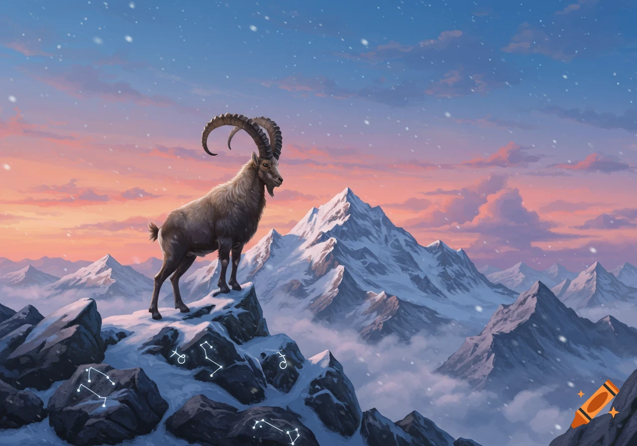 An ibex stands on a snowy mountain peak at sunset, with celestial constellations depicted on the rocks.
