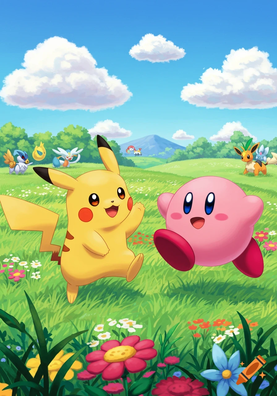 Pikachu and Kirby joyfully running through a lush green field filled with colorful flowers, under a blue sky with white clouds.