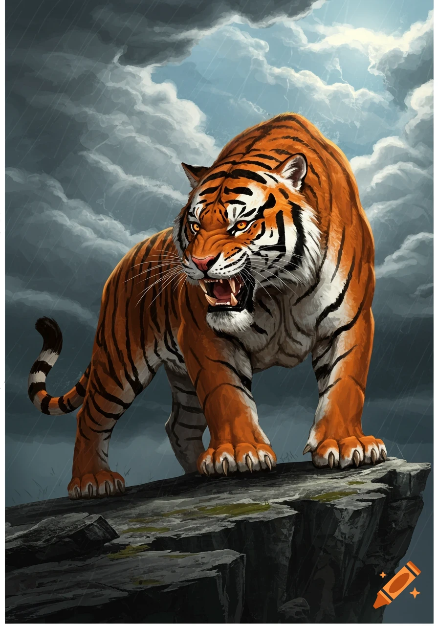 A powerful, roaring tiger stands on a rocky cliff under a stormy, rainy sky in a digital painting style.