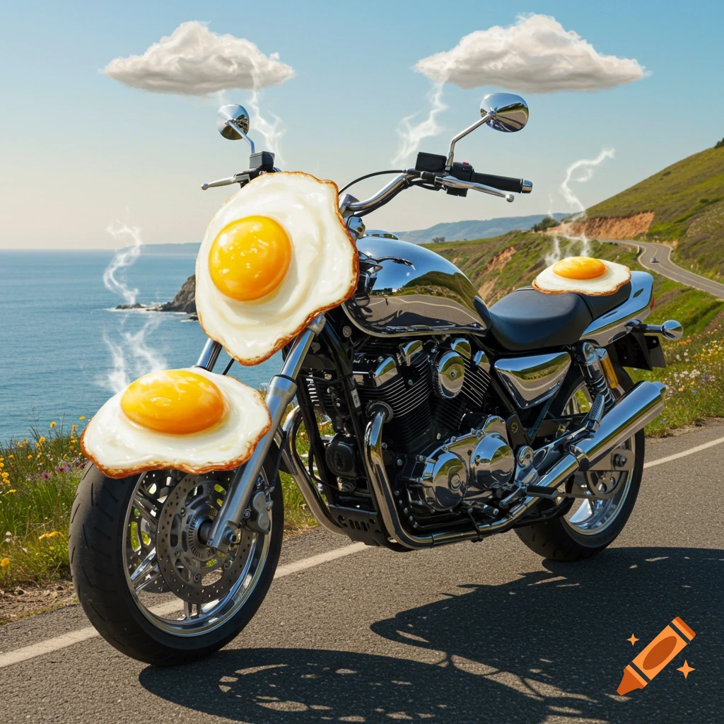 A shiny chrome motorcycle with fried eggs on its front and seat, parked on a scenic coastal road under a sky with stylized lightning.