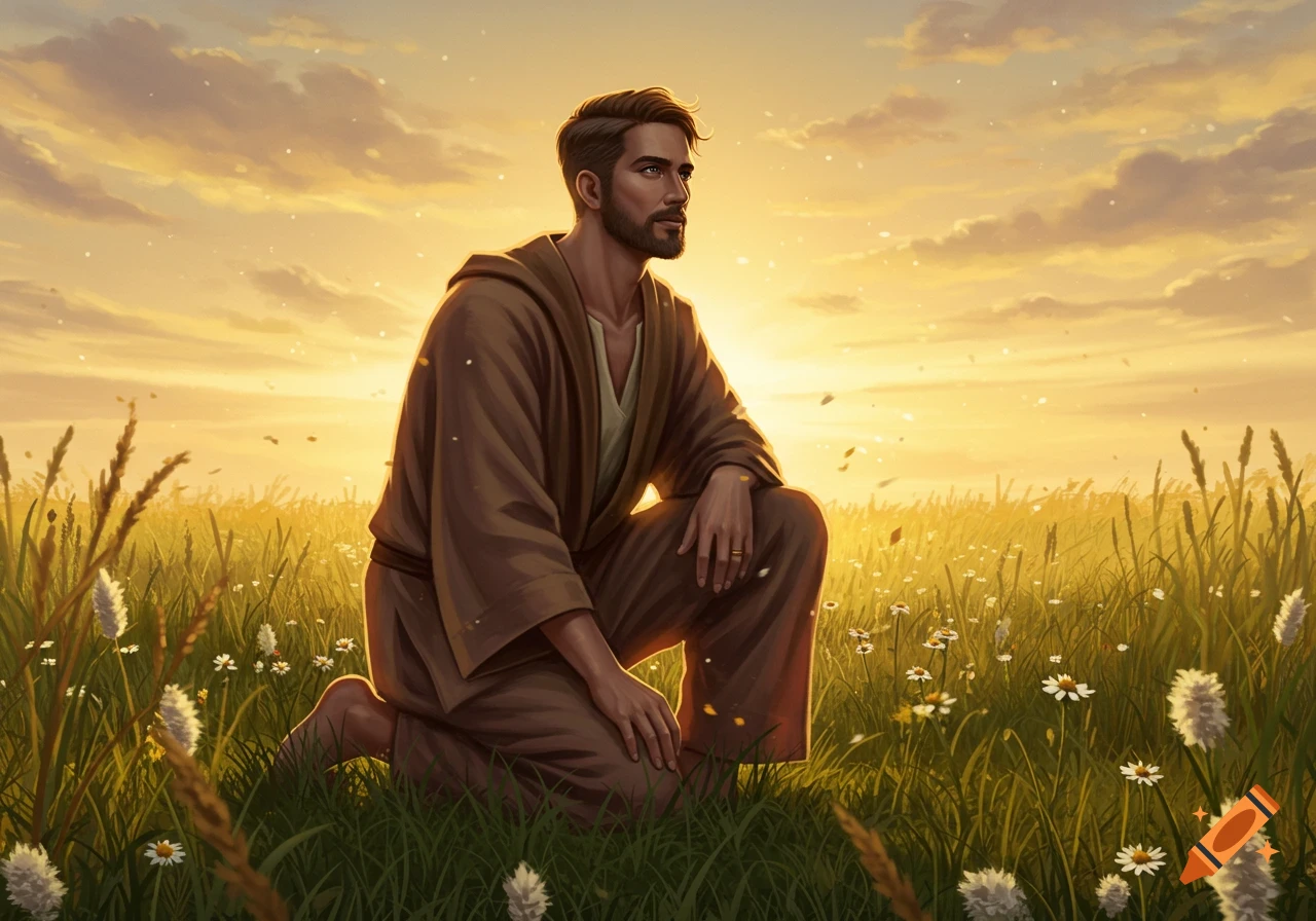 A man with a beard kneels in a sunlit field of tall grass and wildflowers at sunset, digital art.