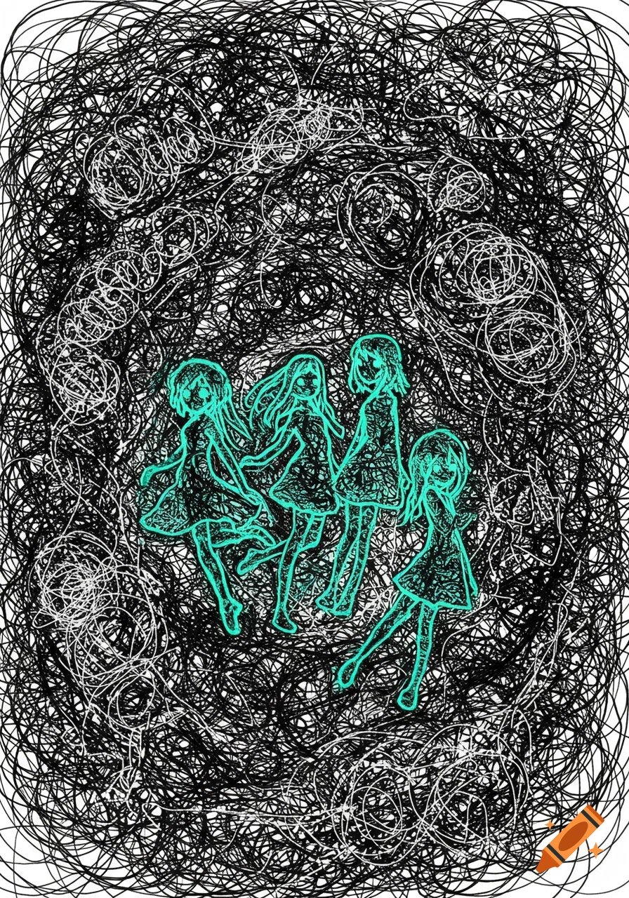 Stylized outlines of four girls amidst a chaotic black and white scribble drawing.