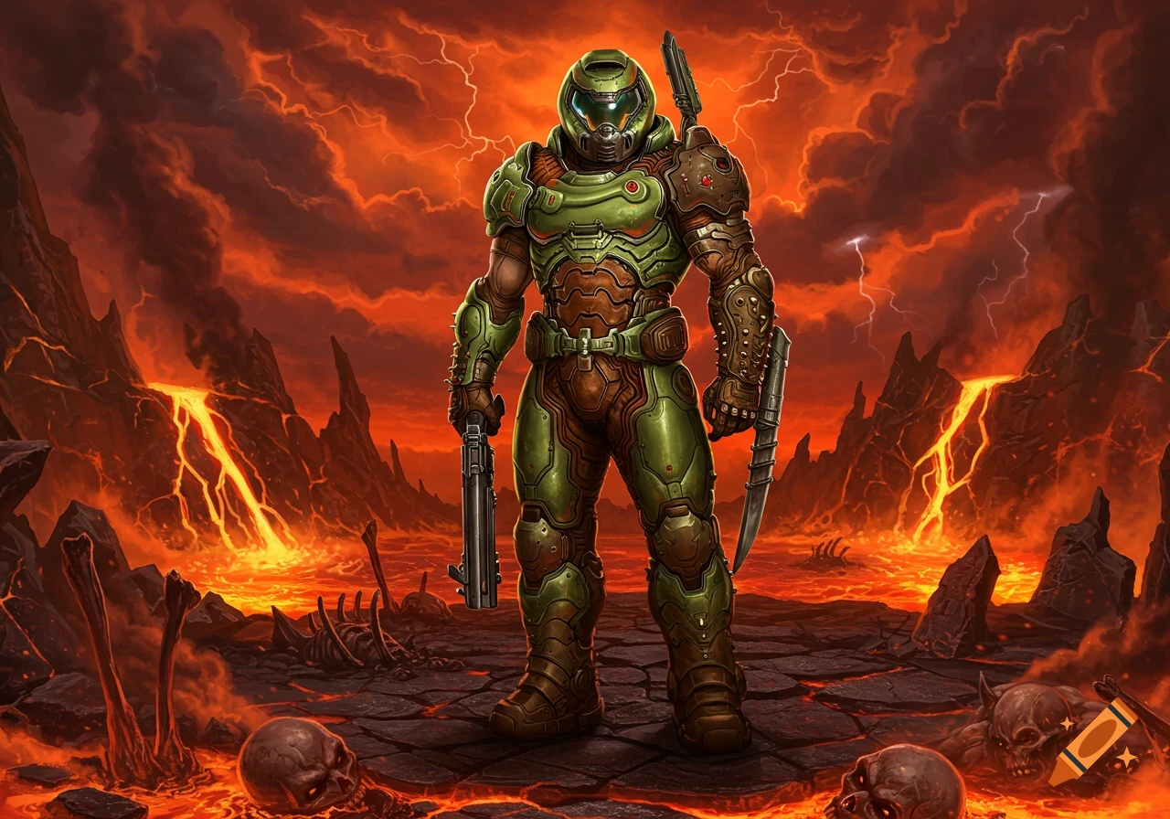 A heavily armored Doom Slayer character stands in a fiery hellscape with lava and lightning, holding a shotgun and a blade.