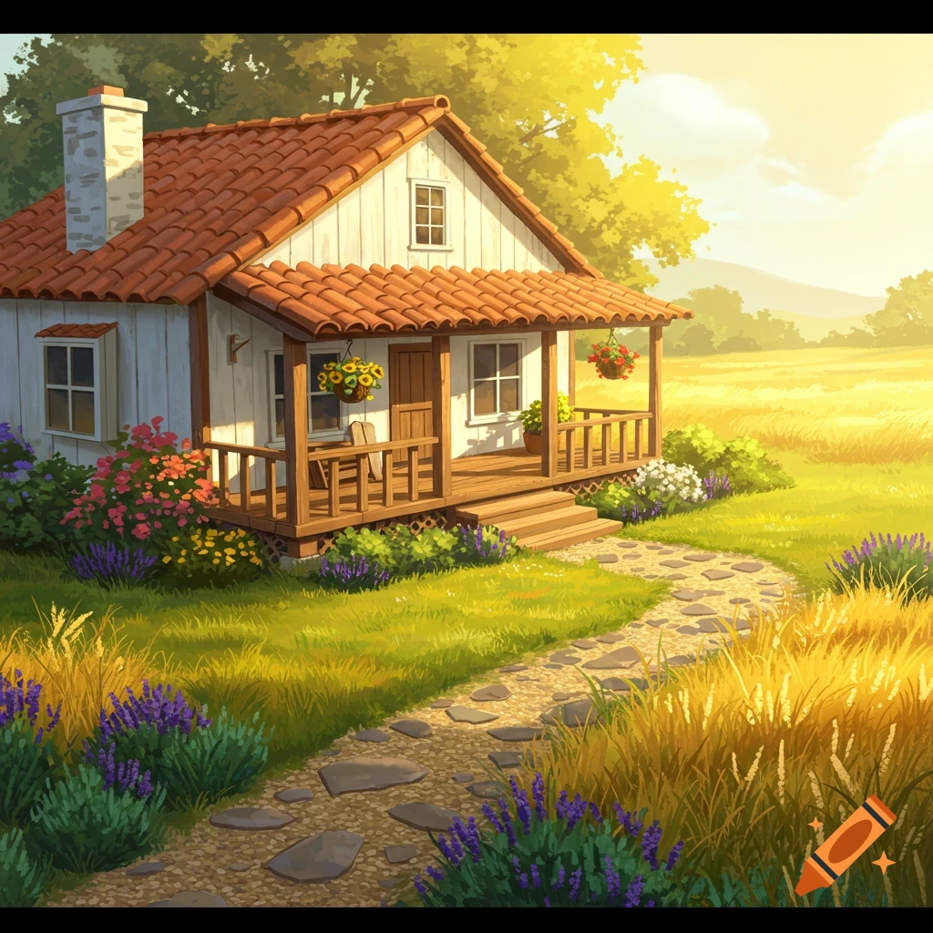 A charming cartoon-style illustration of a small white farmhouse with a red tile roof, a porch, and a stone path surrounded by flowers and sunny fields.