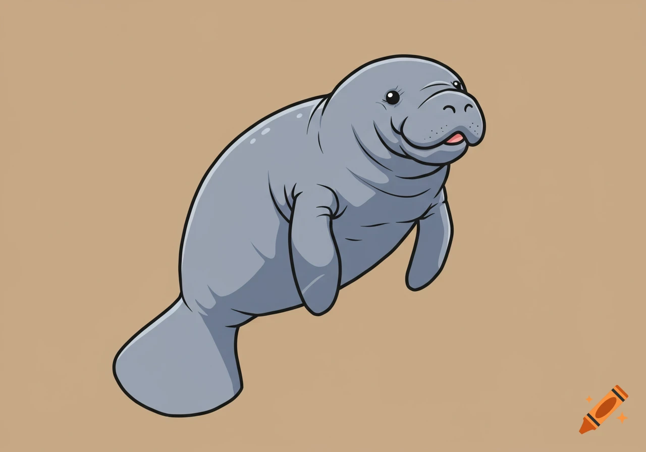 A whimsical cartoon manatee with a cheeky grin, floating on a warm-toned background.