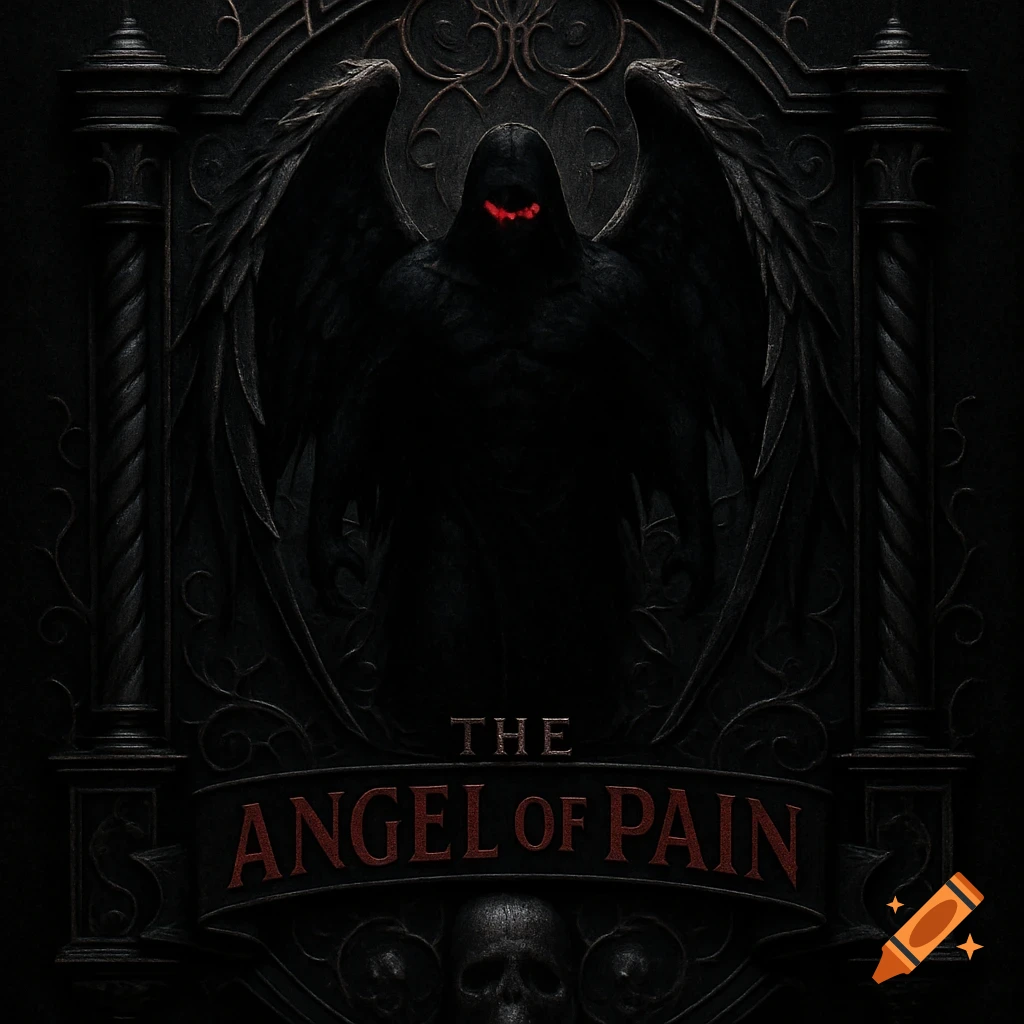 A dark gothic emblem features a shadowy winged figure with red eyes, framed by ornate architecture. Text reads 'THE ANGEL of PAIN' above skulls.
