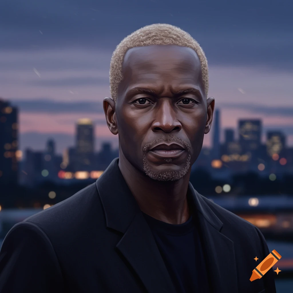 A serious-looking man with short blonde hair and a goatee, wearing a suit jacket, stands against a blurry cityscape at dusk.