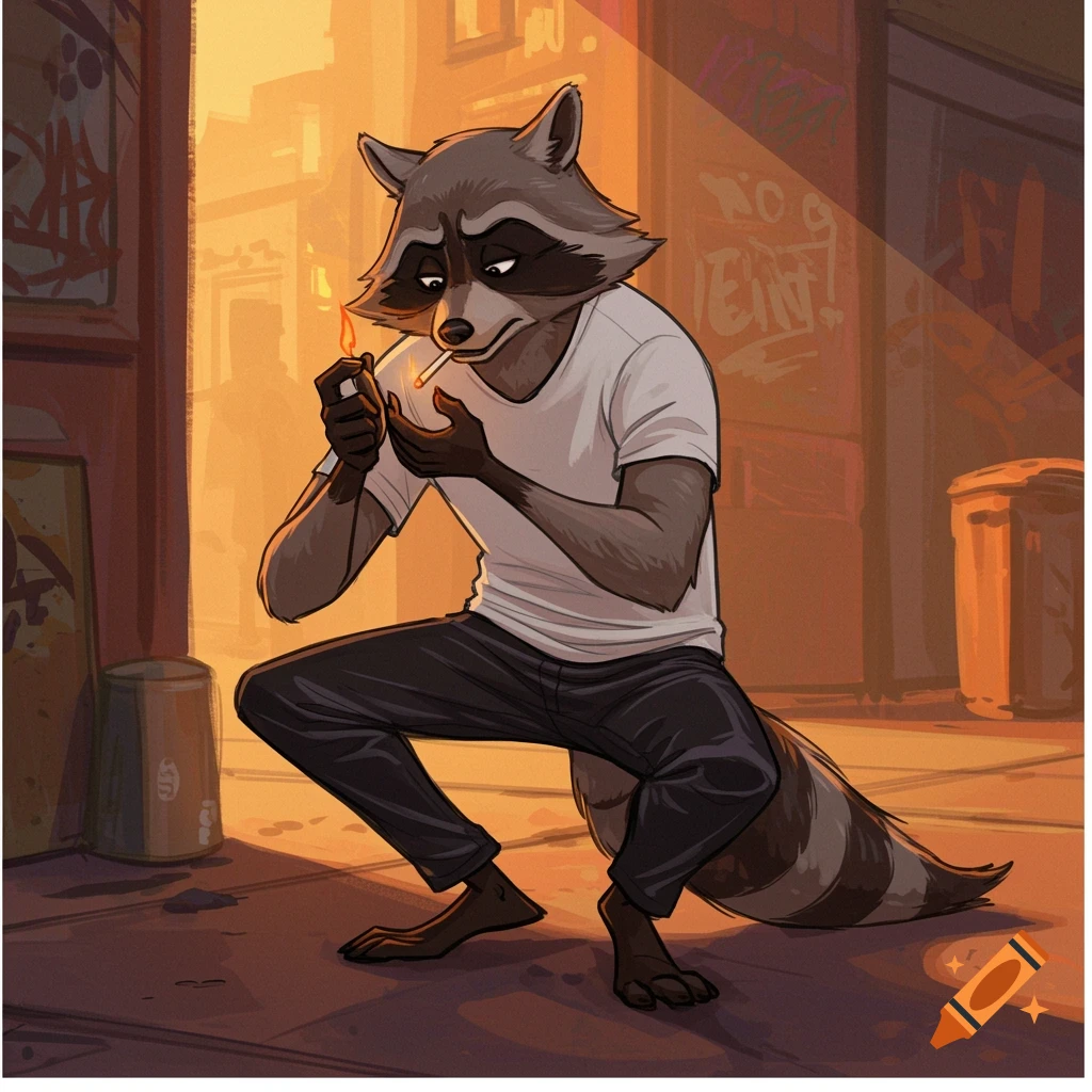 A cartoon anthropomorphic raccoon man in a white t-shirt and black jeans crouches down to light a cigarette in an urban alley at sunset.