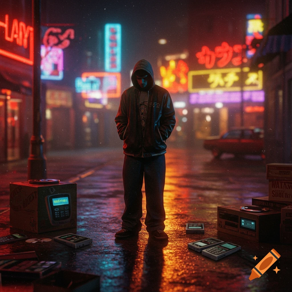 A person in a hoodie stands on a wet street at night amidst glowing neon signs and scattered vintage electronics, in a cyberpunk style.
