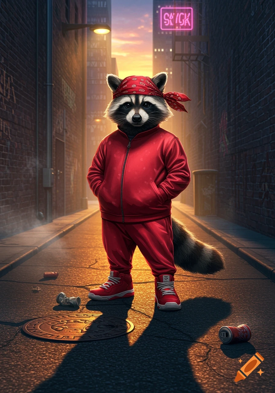 A raccoon wearing a red tracksuit and bandana stands in a dimly lit city alley with a neon 'SICK' sign.