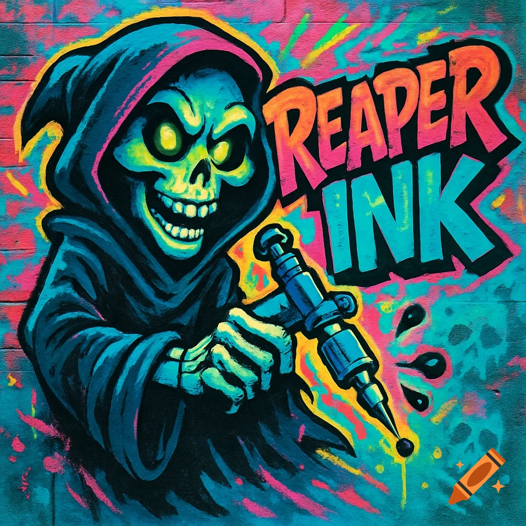 A colorful graffiti-style cartoon grim reaper holds a tattoo machine next to the text "REAPER INK" on a brick wall.