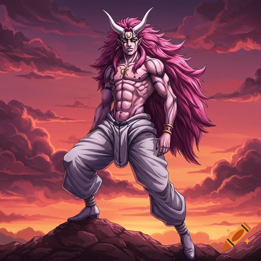 A muscular anime character with pink hair and white horns, shirtless in baggy white pants, stands dramatically on a rock at sunset.