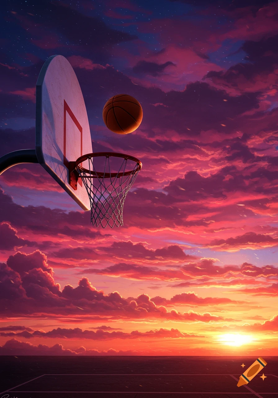 A basketball is mid-air, about to enter a hoop, silhouetted against a dramatic, vibrant red and purple sunset sky.