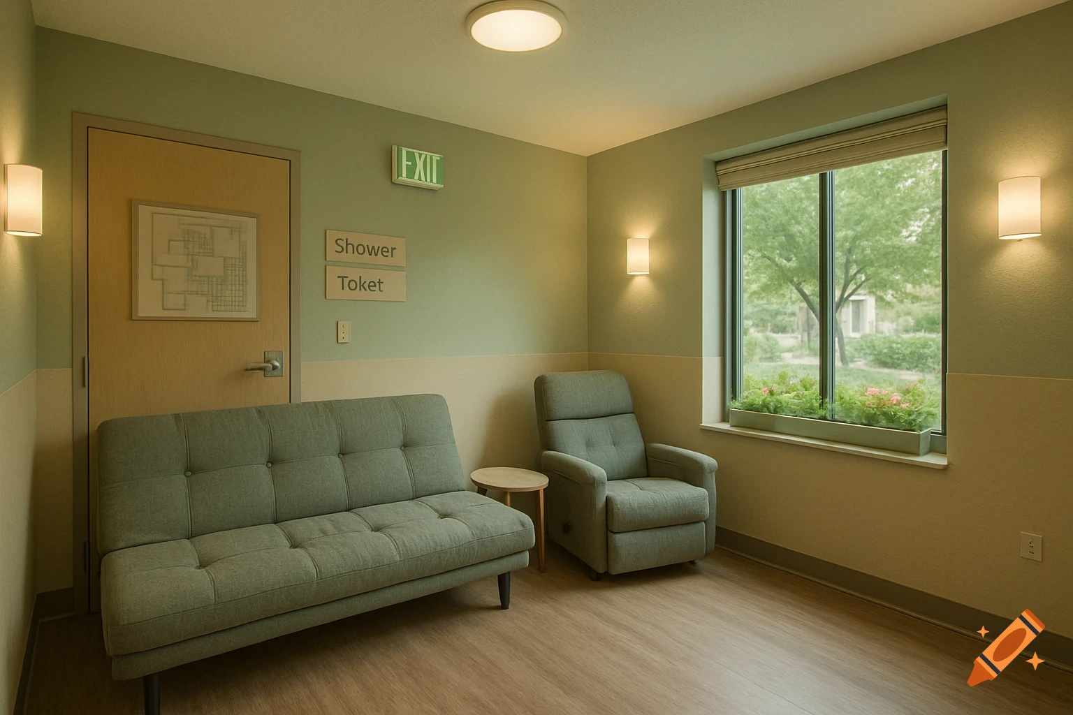 A well-lit room with green walls, a grey futon, a grey recliner, and a window looking out onto a garden.