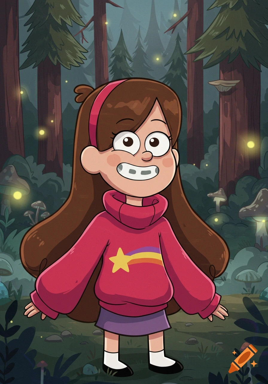A cartoon girl, Mabel Pines, with long brown hair and braces, wearing a pink sweater with a rainbow star, stands in a dark forest with fireflies.