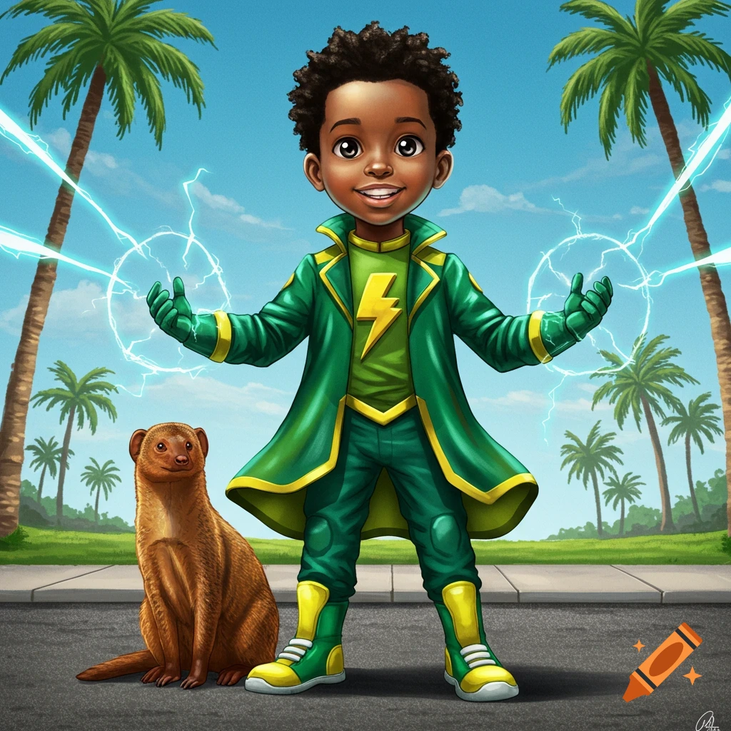 Cartoon of a young Black superhero boy in a green suit with a lightning bolt symbol, generating electricity, next to a mongoose on a street.