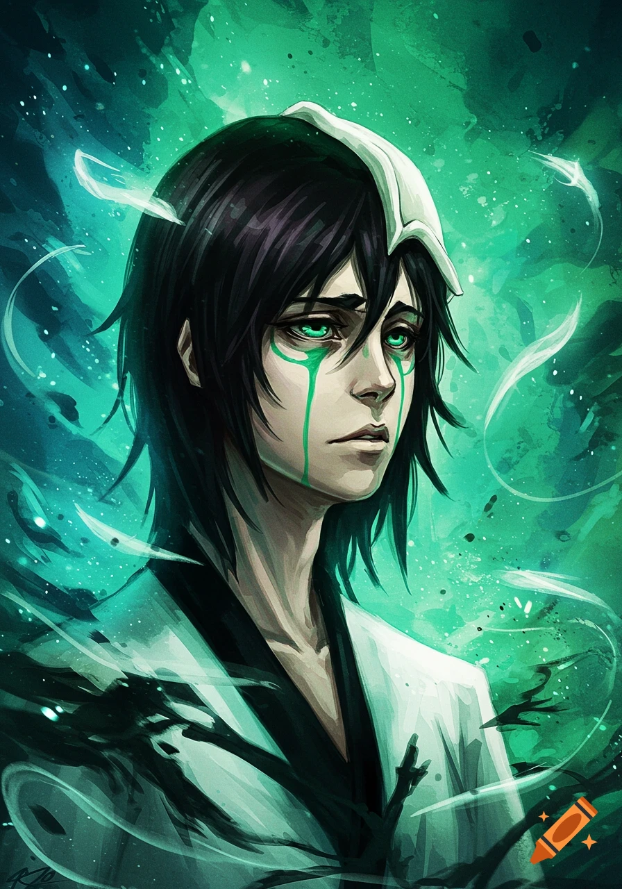 Digital painting of Ulquiorra Cifer from Bleach, featuring his black hair, green eyes with markings, and a white mask fragment, against a vibrant green and black ethereal background.