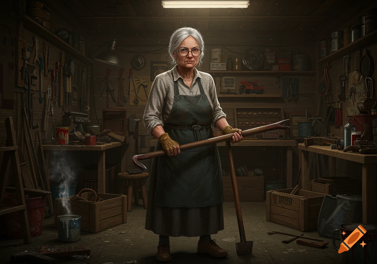 A photorealistic depiction of an elderly woman with gray hair and glasses, wearing an apron and gloves, holding a crowbar and shovel in a cluttered workshop.