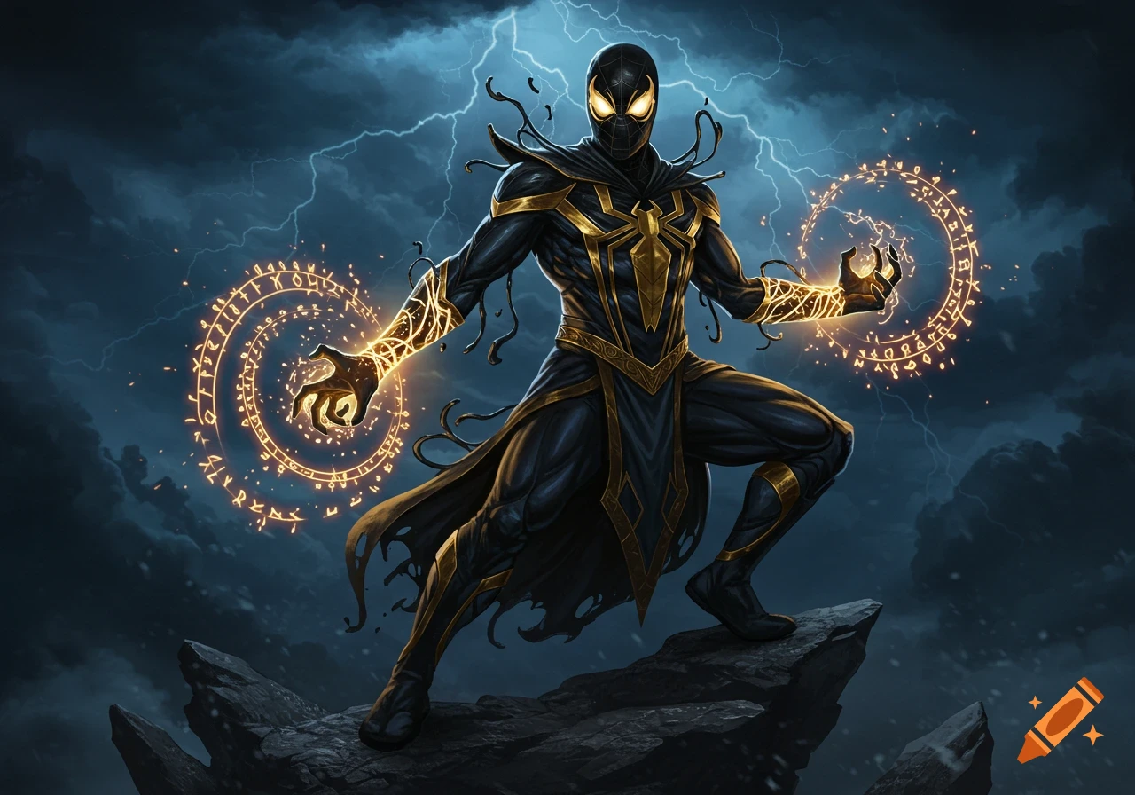 A black and gold symbiote-bonded sorcerer casts glowing magic circles, standing on a rocky outcrop under a stormy, lightning-filled sky.