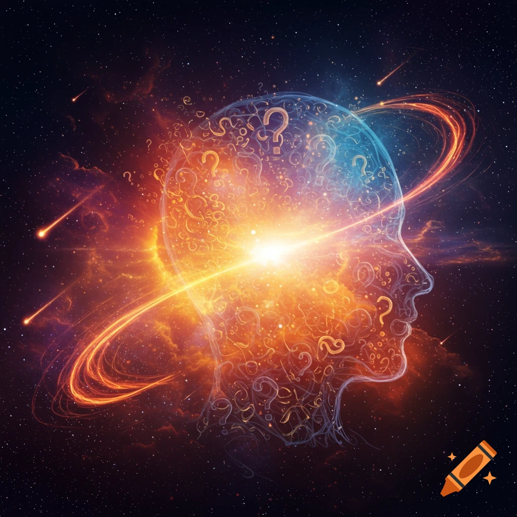 A glowing, abstract human head silhouette filled with question marks in a starry cosmos, with light trails and meteors.