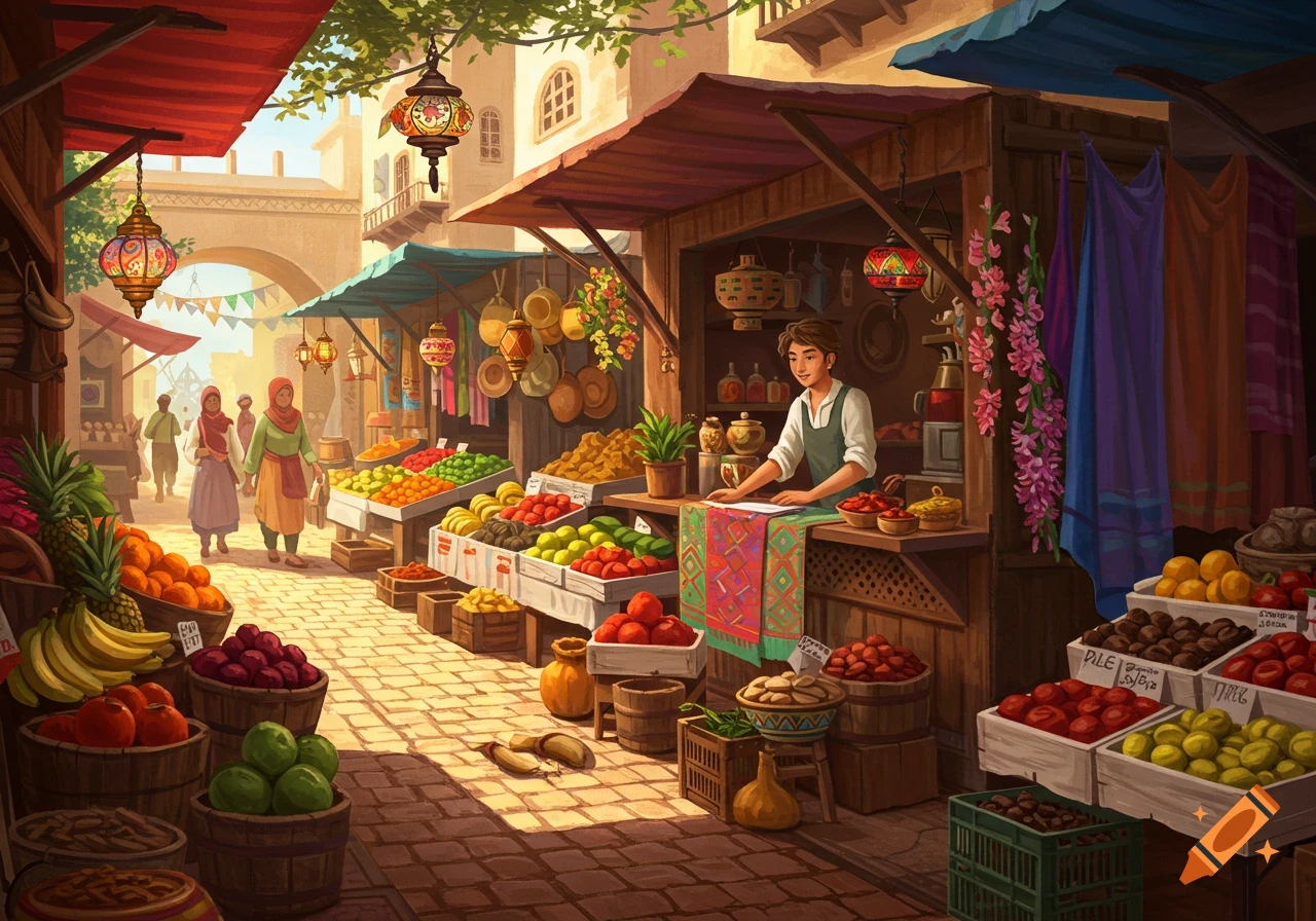 A vibrant, stylized illustration of a bustling outdoor marketplace with a vendor selling colorful fruits, and people walking by under hanging lanterns.