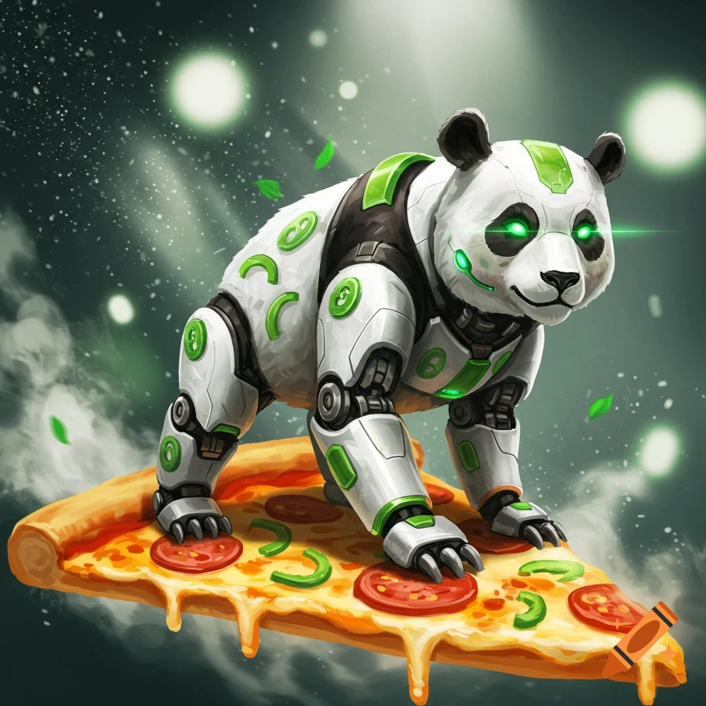 A white and green robot panda with glowing green eyes stands on a flying slice of pizza with pepperoni and green peppers.